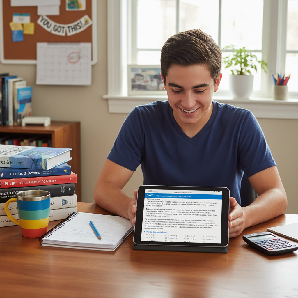 Photo Idea : A focused high school student practicing the Digital SAT on a tablet, with engineering textbooks and a notebook beside them.