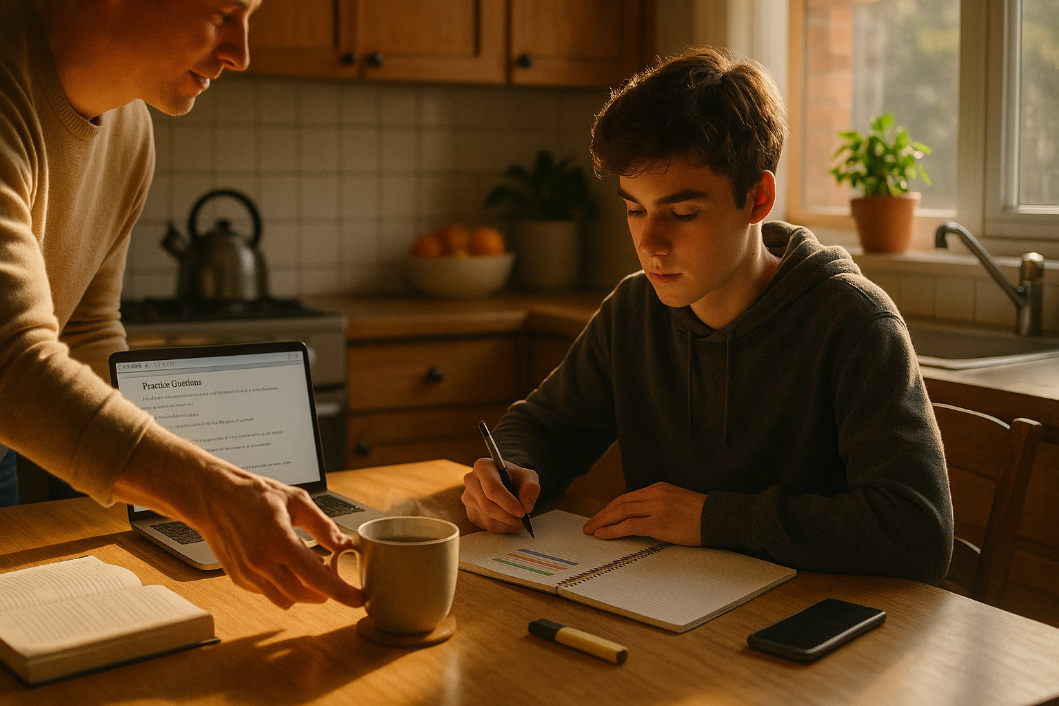 Photo Idea : A warm, candid photo of a teen studying at a kitchen table with a parent placing a cup of tea nearby; soft afternoon light, open laptop displaying practice questions, notepad with timing bars.
