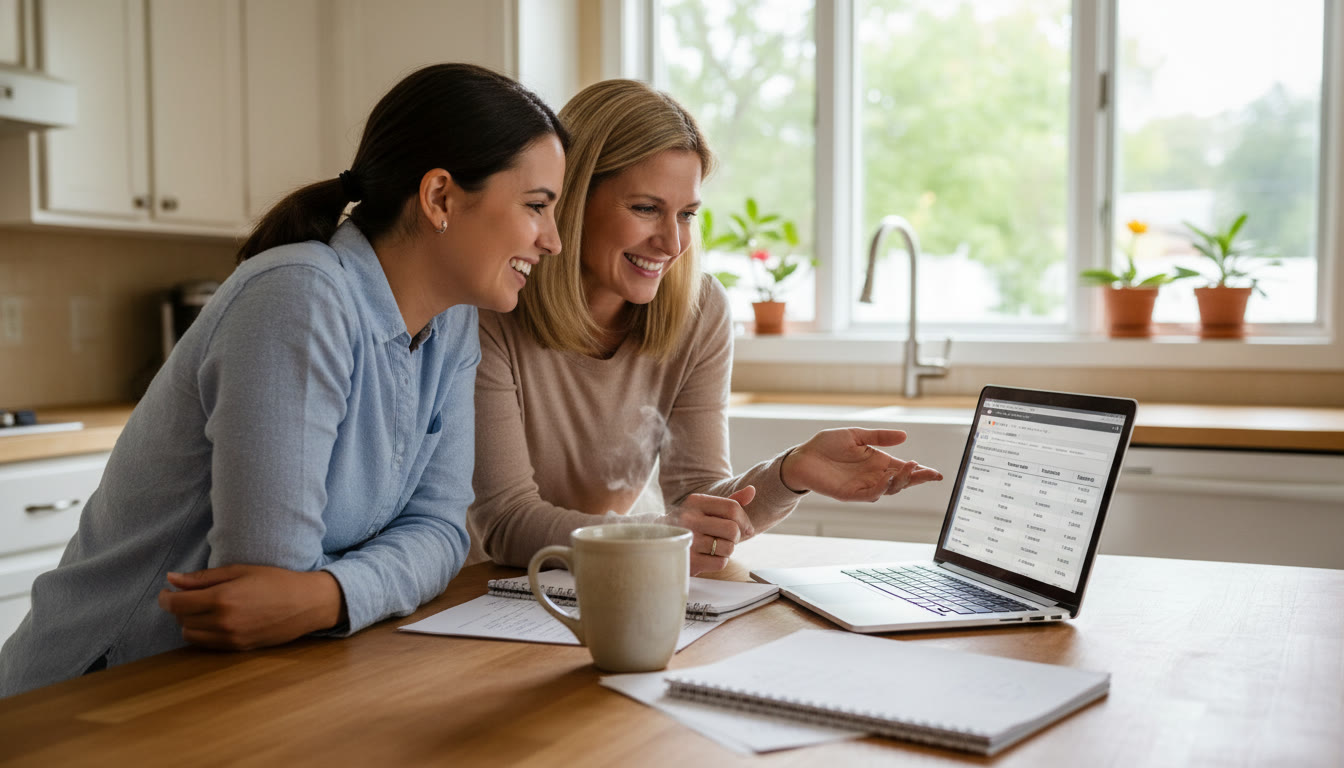 Photo Idea : A bright study scene in a suburban kitchen — student and parent leaning over a laptop, viewing a university AP credit table, coffee mug and notes next to them. This evokes collaboration and planning early in the application process.