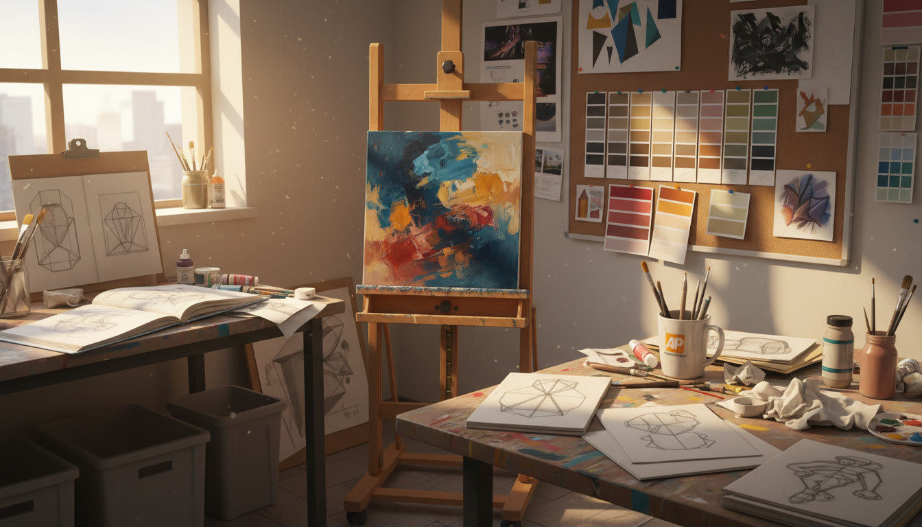 Photo Idea : A sunny studio corner with sketches, color swatches, and a half-finished canvas on an easel—visuals that suggest process, experimentation, and everyday iteration.