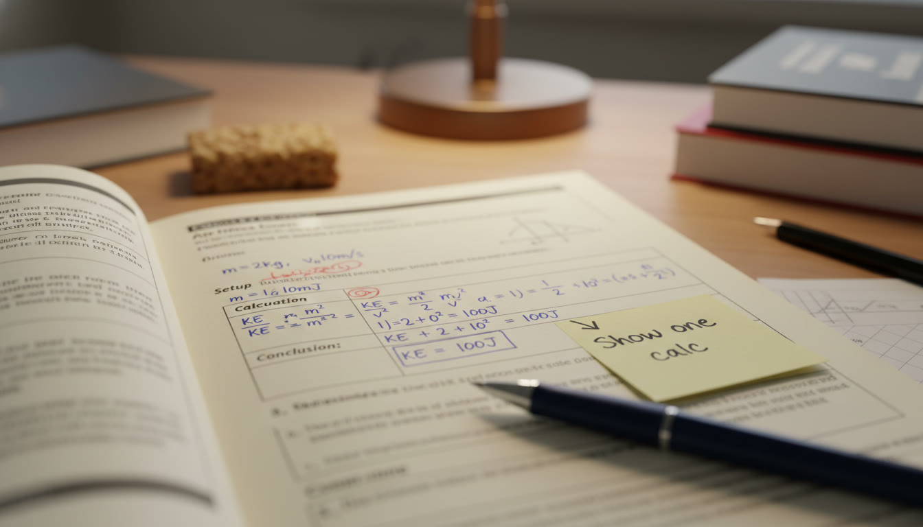 Photo Idea : A close-up shot of a filled-in practice booklet page with neat annotations using the GOF template (Setup, Calculation, Conclusion), a pen, and a sticky note that reads