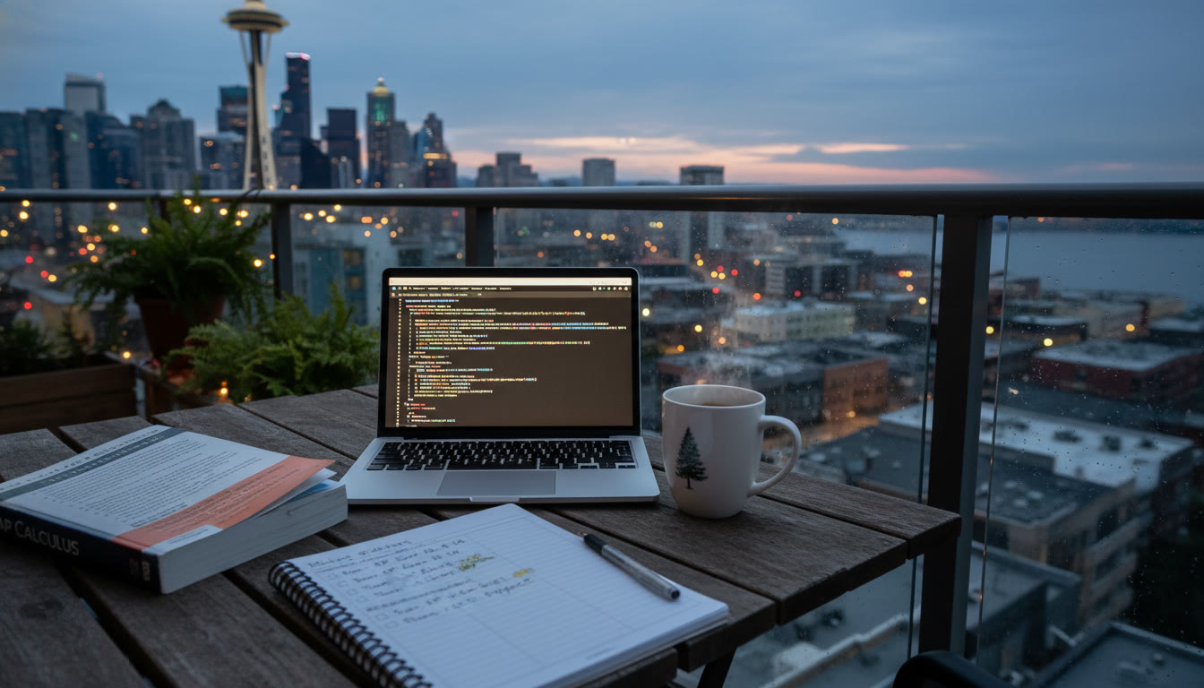 Photo Idea : A calm evening study setup on a Seattle apartment balcony: open textbook, laptop showing code, coffee mug, and a notebook with a study plan — evokes personal discipline and the city’s quiet energy.