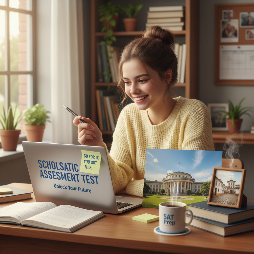 Photo Idea : A bright, candid photo of a high school student studying on a laptop with Brazilian architecture or a USP campus postcard beside them — warm, focused, and aspirational.