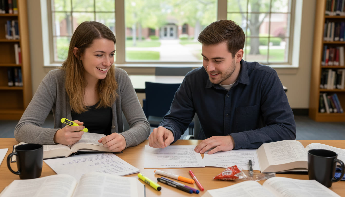 Photo Idea : A student and tutor reviewing an AP practice exam together on a table with notes and highlighters — captures the focused, collaborative work of personalized tutoring