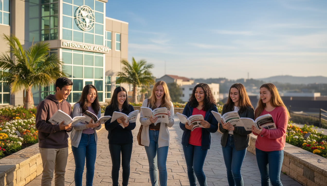 Photo Idea : A bright, candid shot of a diverse group of high school students standing outside an international school building, holding AP study guides and smiling — conveys global accessibility and community.