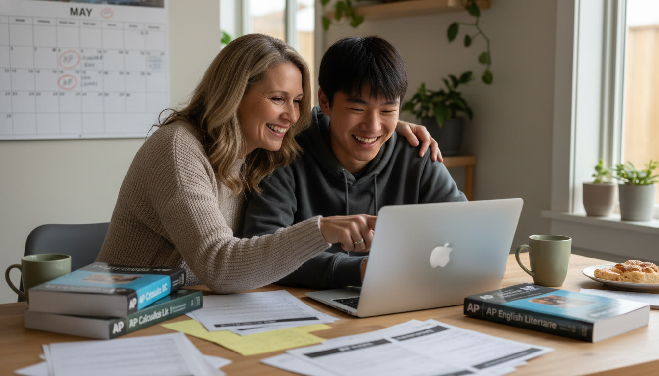Photo Idea : A warm, candid photo of a parent and teen at a kitchen table looking at a laptop together, AP exam papers and a calendar in view — showing collaboration and planning.