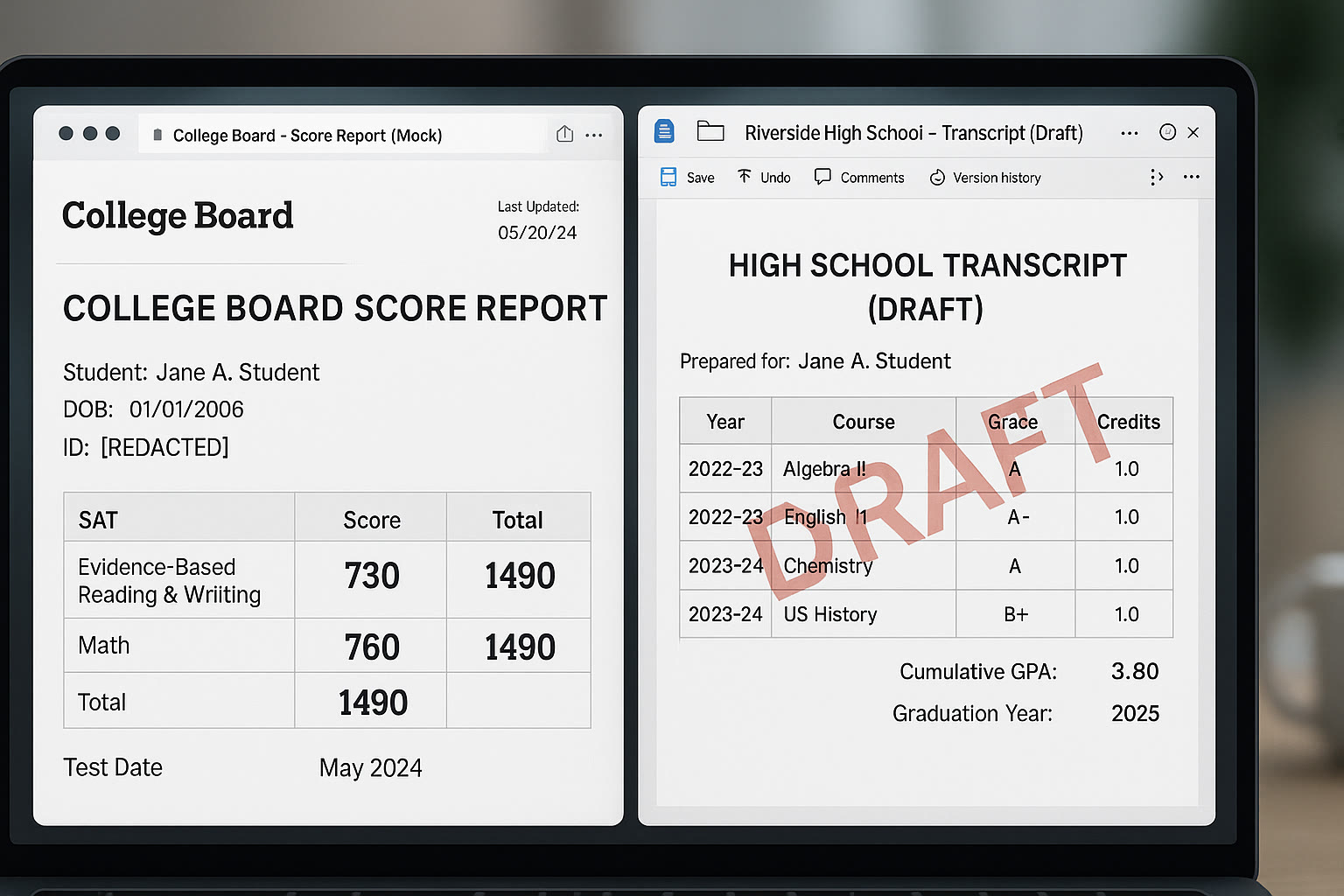 Photo Idea : A screenshot-style mockup image of a student's College Board score report page and a high school transcript being prepared side-by-side.