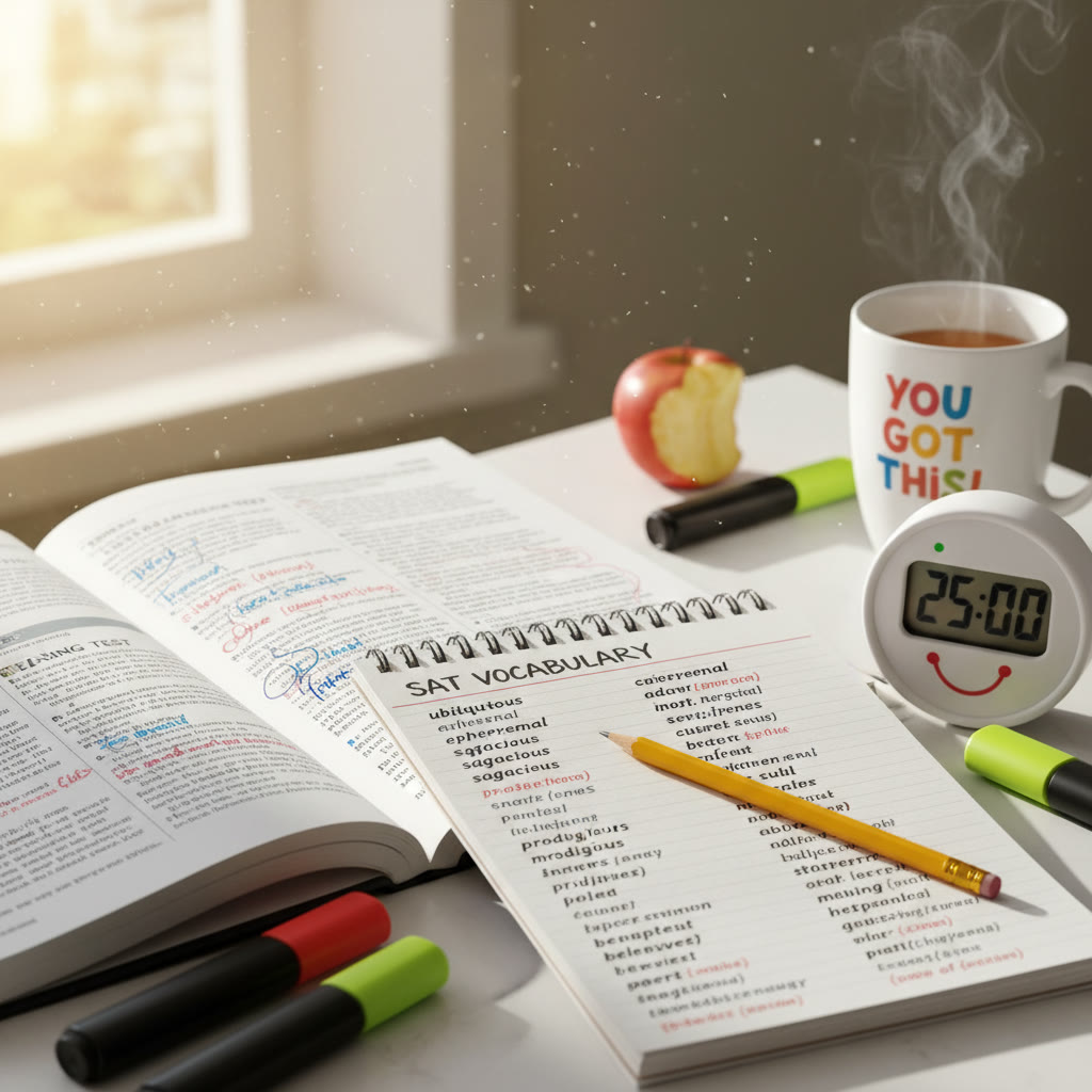 Close-up of annotated article pages and vocabulary list on a desk with a timer and pencil