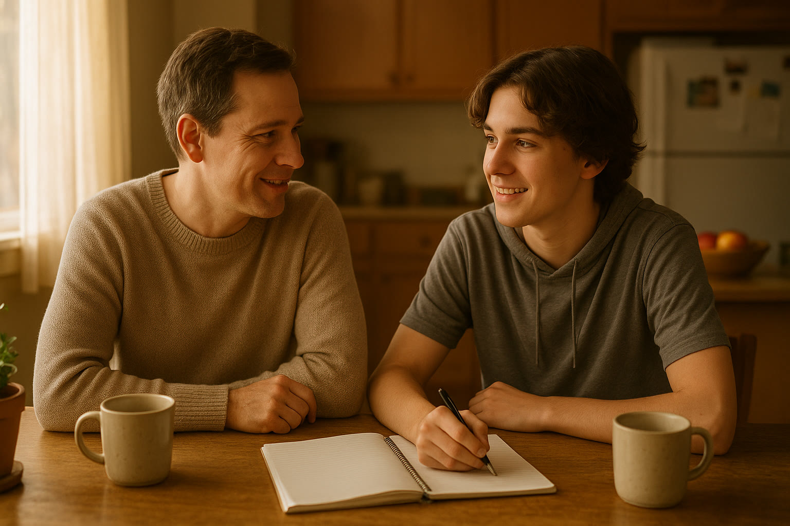 Photo Idea : A parent and teen sitting at a kitchen table with a notebook and mug, soft afternoon light, relaxed posture, open body language.
