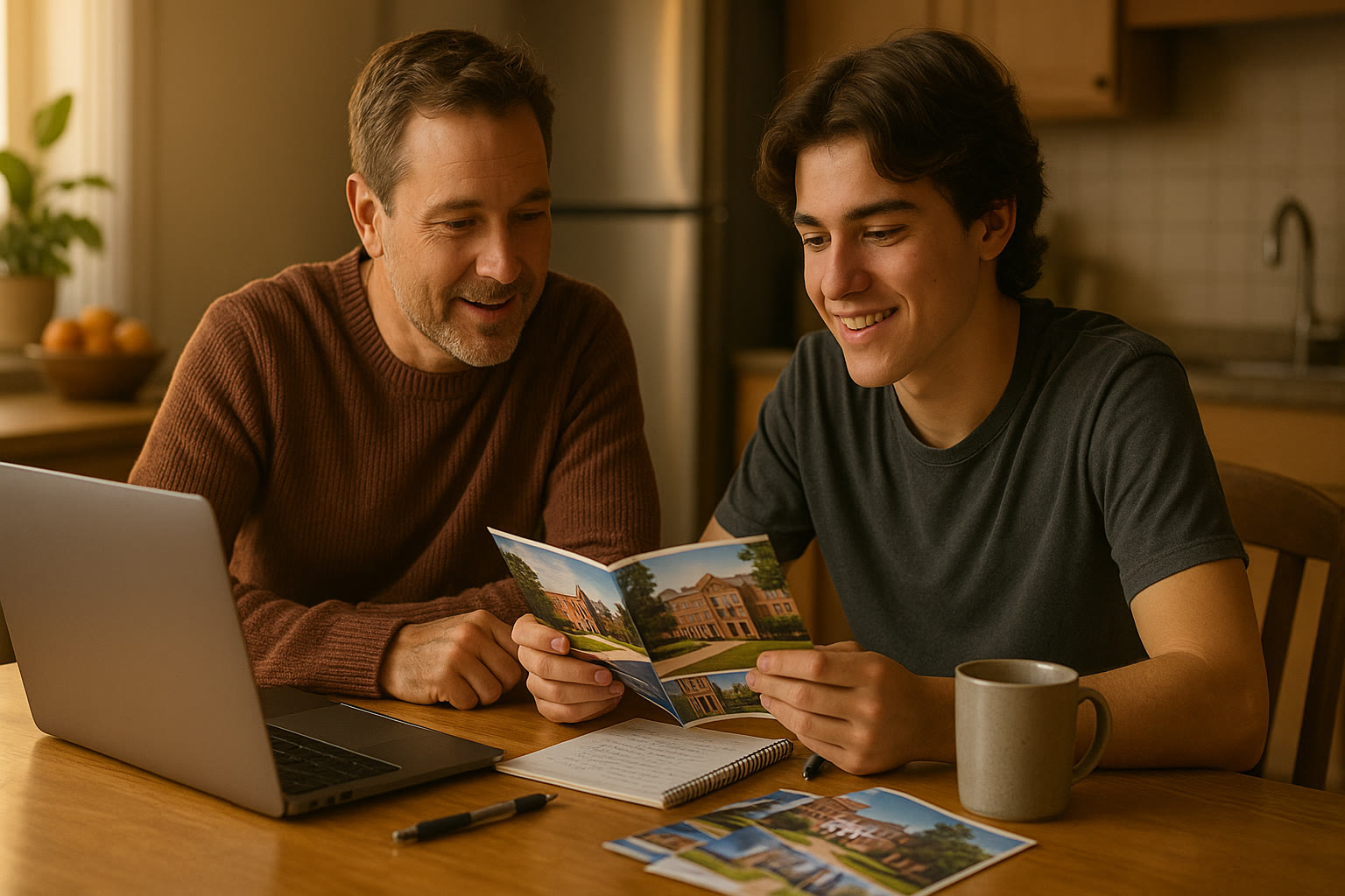 Photo Idea : A candid photo of a parent and teen at the kitchen table with a laptop, notebook, and a small stack of college brochures — relaxed, collaborative, late-afternoon light.