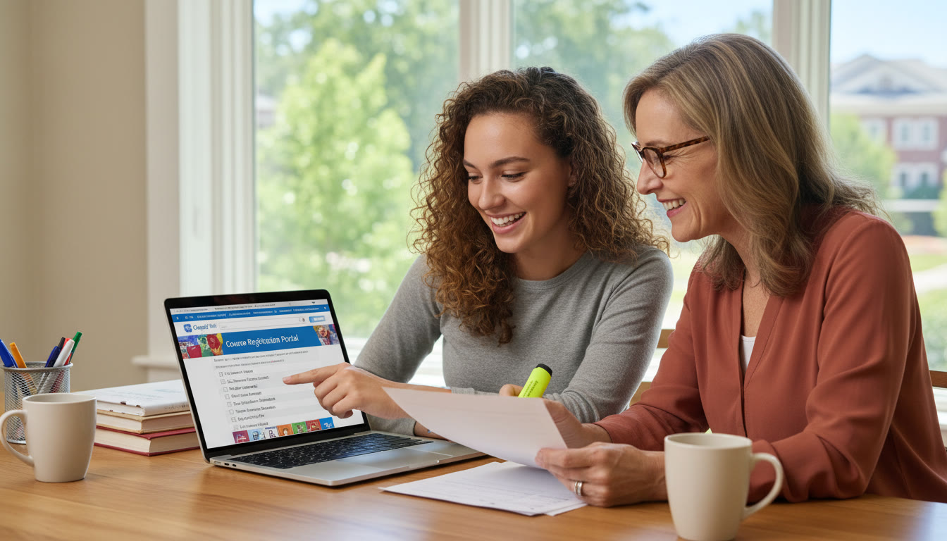 Photo Idea : A student and a parent sitting together at a kitchen table with a laptop, planning semester courses and highlighting a printed checklist — conveys teamwork, planning, and the tangible next steps toward UNC registration.