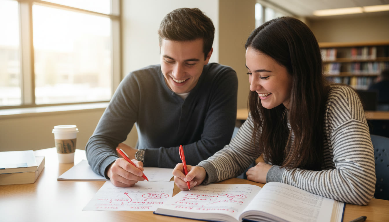 Photo Idea : A close shot of a tutor and student reviewing an AP free‑response packet, with red pen marks showing concise labels and theorem names—conveys targeted feedback in action.
