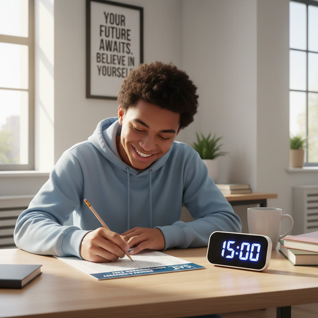 Photo idea: A student calmly filling in an answer sheet at a desk with a timer nearby, showing focused decision-making under time pressure.