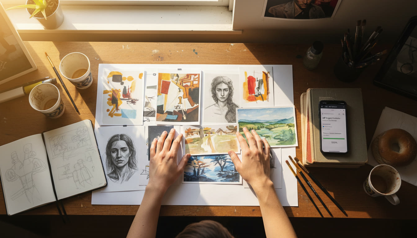 Photo Idea : Overhead shot of a student’s workspace with a mix of finished pieces, sketchbooks, and a phone with the AP Digital Portfolio open—warm natural light, hands arranging images.