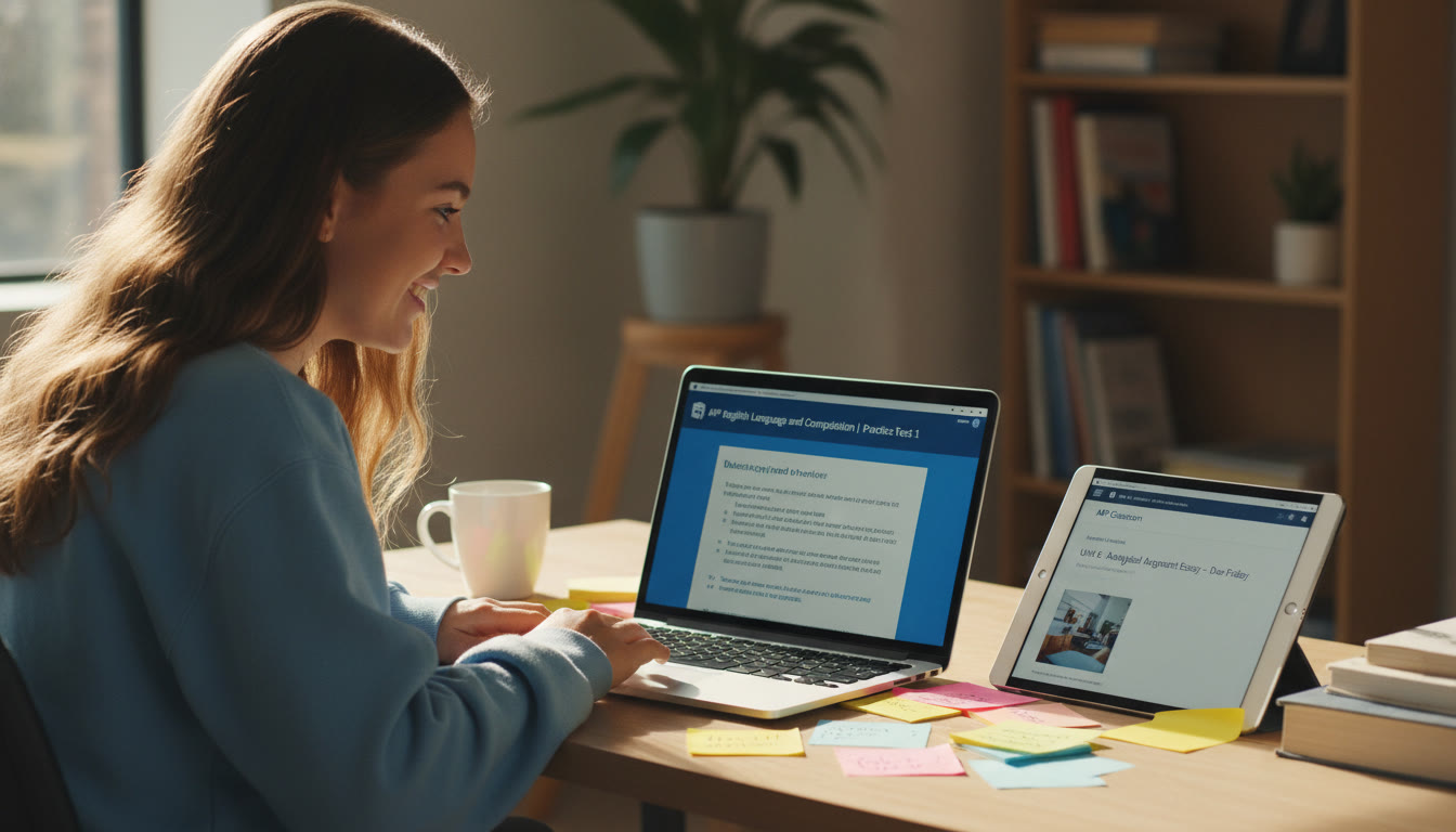 Photo Idea : A student at a desk with a laptop running the Bluebook test preview, sticky notes, and an AP Classroom assignment open on a tablet — natural light, focused expression.