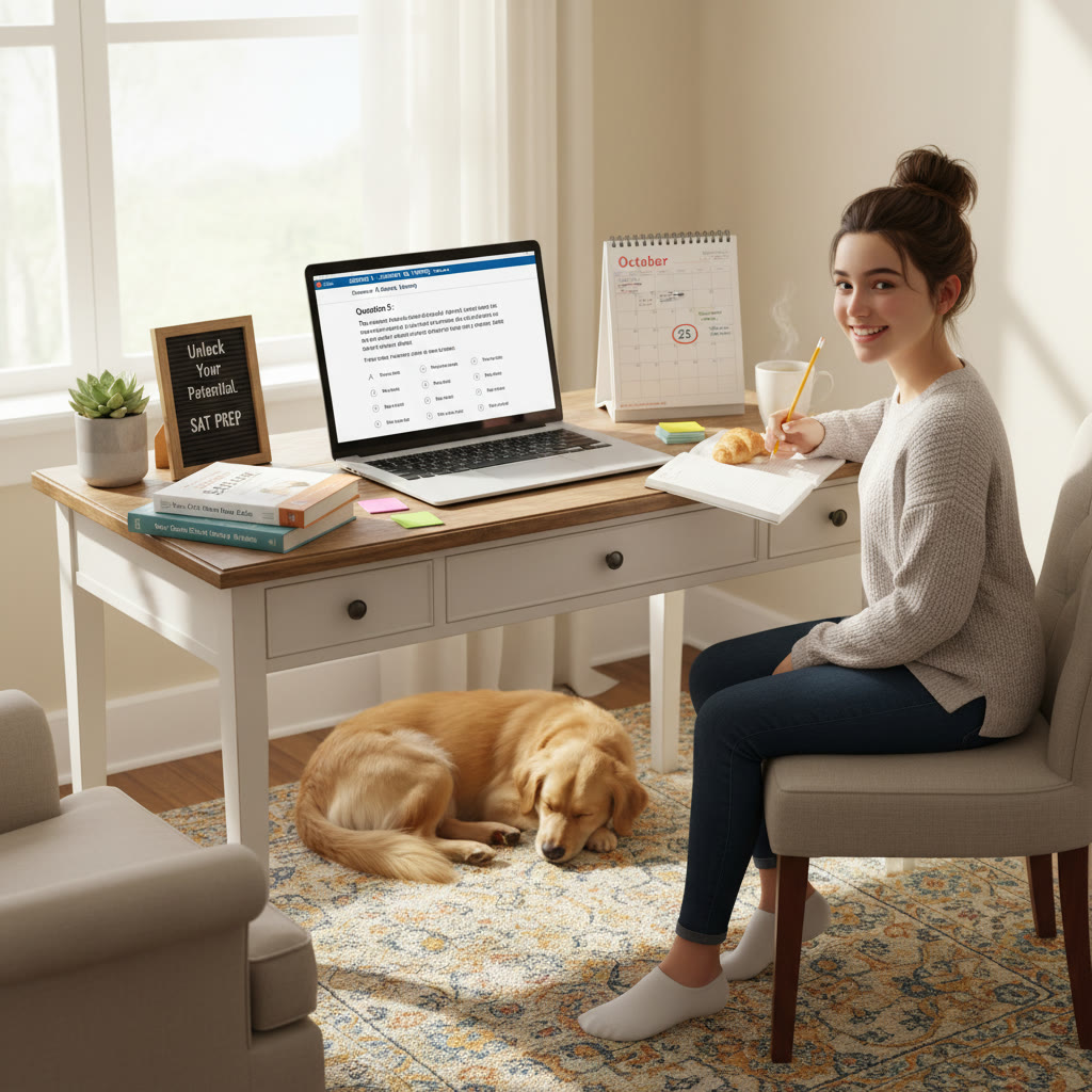 A cozy homeschool study nook with a calendar, a laptop showing a practice test, and scattered SAT prep books — bright morning light coming through a window.