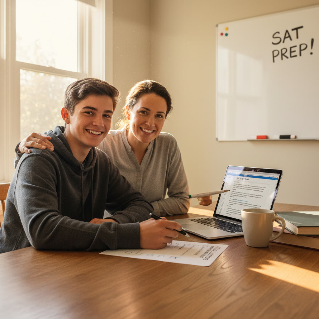 Photo Idea : A parent and student reviewing an application checklist and a laptop open to an essay draft, sunlight streaming in to create a hopeful atmosphere.