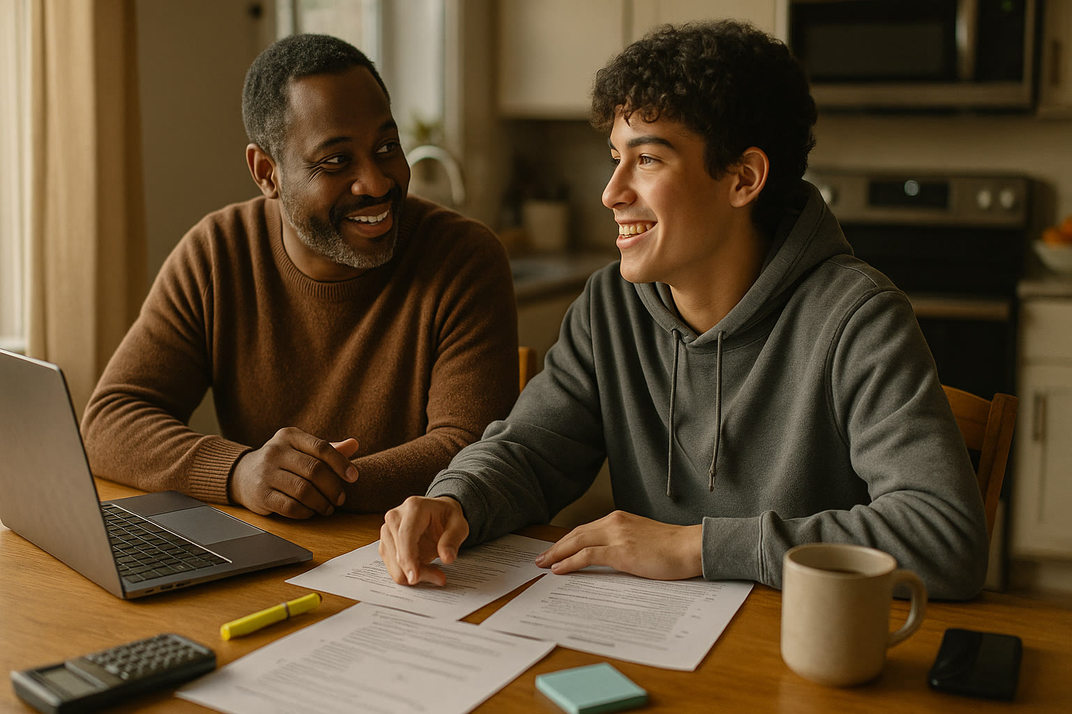 Photo Idea : A warm, candid photo of a parent and teen at a kitchen table with a laptop and practice tests spread out, mid-conversation, smiling gently — the tone is supportive and collaborative.