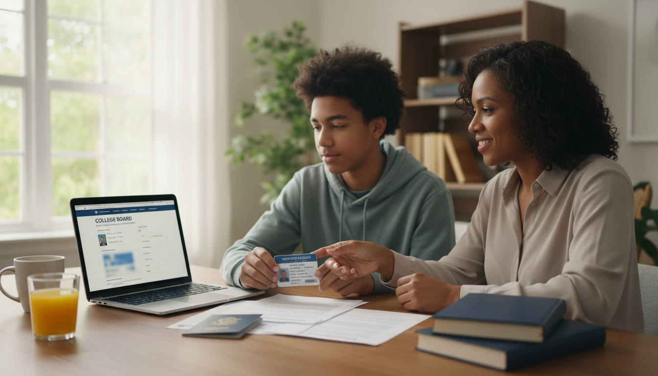 Photo Idea : A calm, organized family table scene with a parent and teen comparing documents (passport, school ID, laptop with AP registration page). Natural light, relaxed mood to convey preparedness and reassurance.