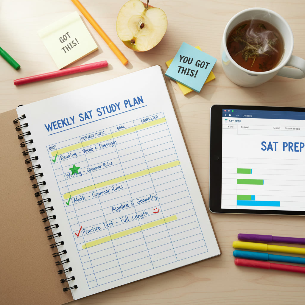 Photo idea: Overhead shot of a spreadsheet or notebook with a weekly SAT study plan and highlighted progress entries, conveying organization and intentionality