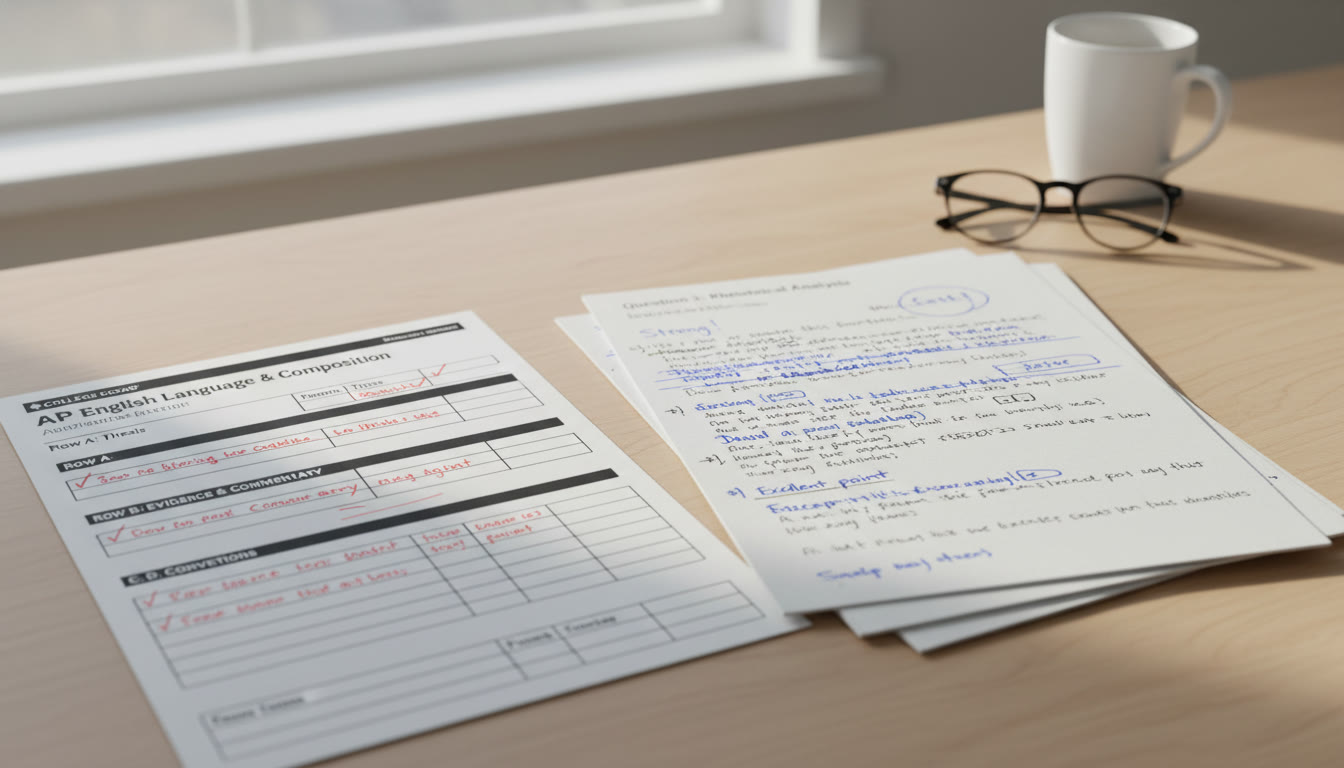 Photo Idea : Close-up of a completed rubric next to a graded FRQ, with a tutor’s handwritten notes — shows the feedback loop and personalization.