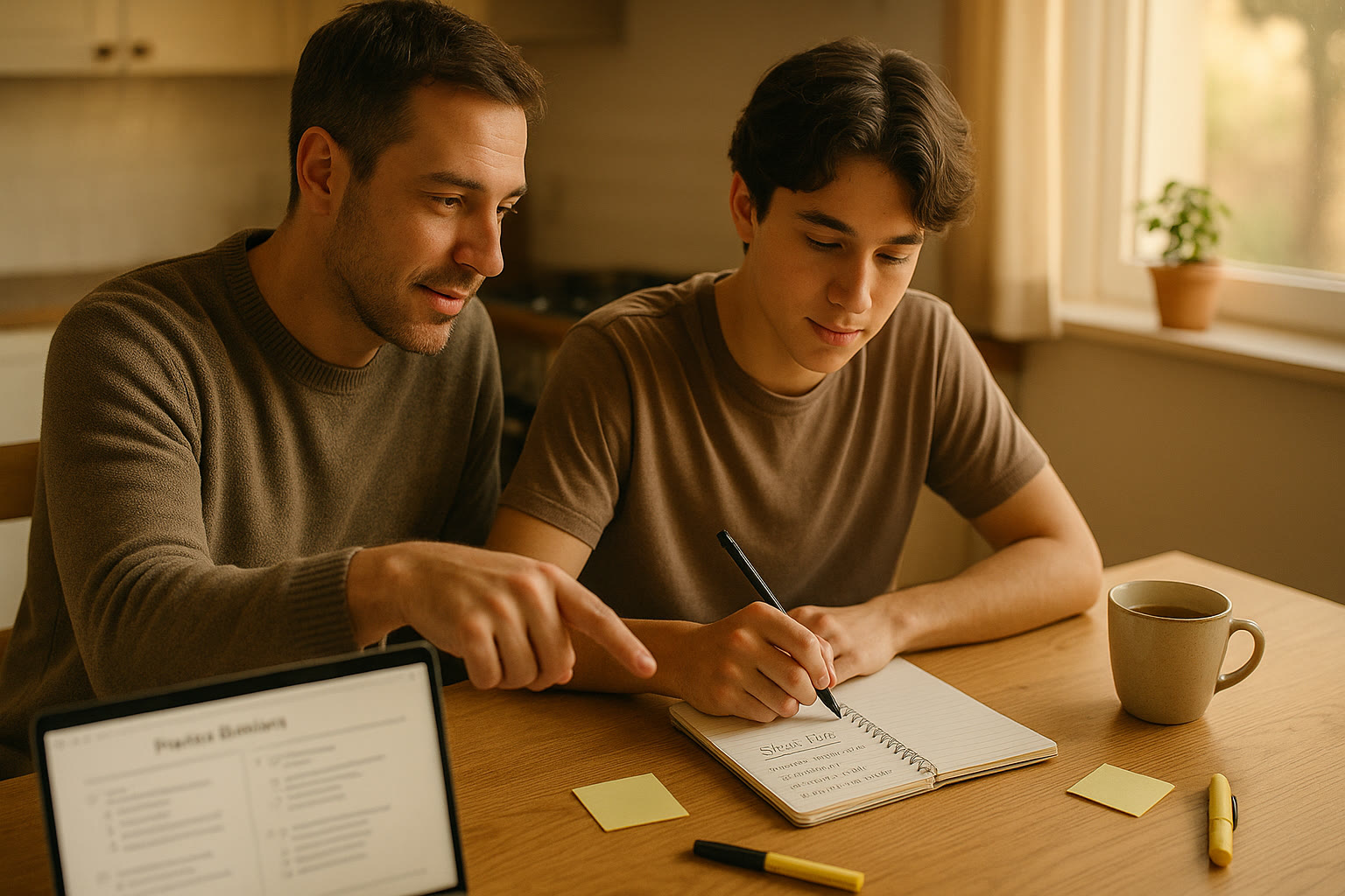 Photo Idea : A warm photo of a parent and high-school student at the kitchen table, laptop open with practice questions on screen, a notepad with a study plan, and a cup of tea—conveying calm, focused preparation.