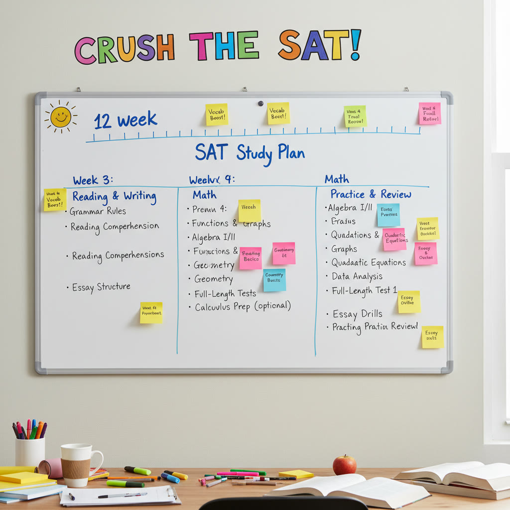 Whiteboard with a 12-week study plan timeline, sections labeled, and colorful sticky notes marking milestones.
