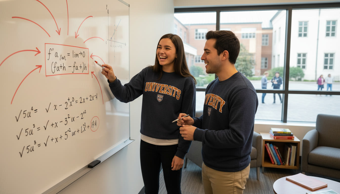 Photo Idea : A student explaining a proof on a whiteboard with a tutor nearby, arrows pointing to the definition 