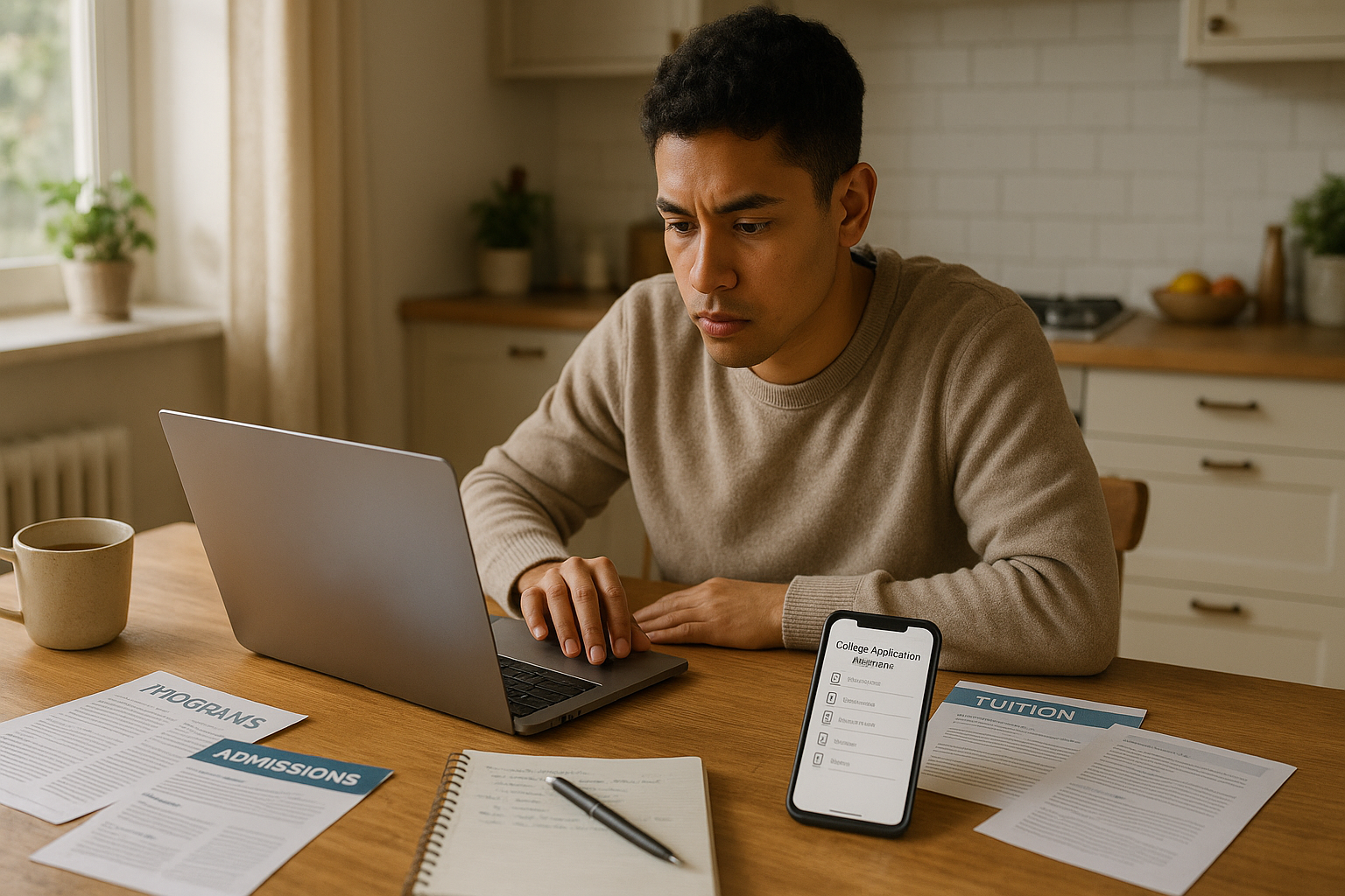 Photo Idea : A focused student at a kitchen table with a laptop, college brochures scattered, and a phone open to a college application checklist. Natural light, relaxed but purposeful mood.