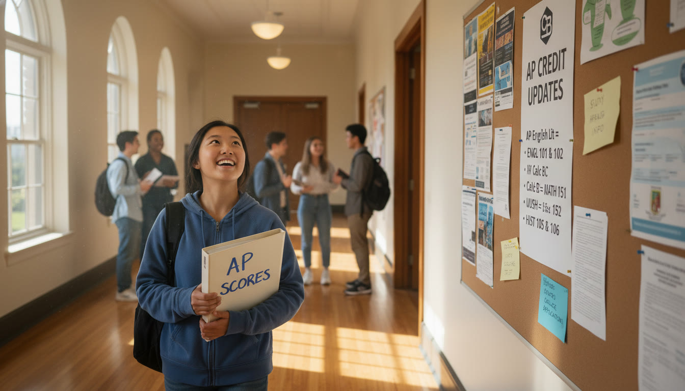 Photo Idea : A sunlit college hallway with a student carrying a binder labeled 