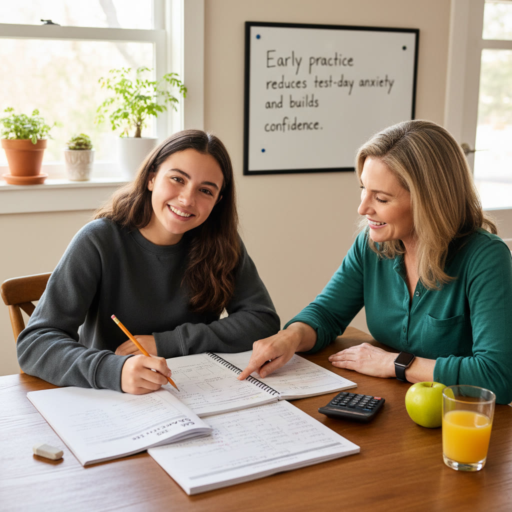 Photo idea: a high school student calmly taking a practice SAT at a kitchen table, notebook open, with a supportive parent nearby. Caption: