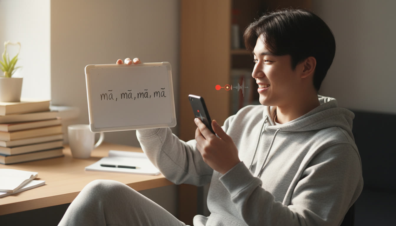 Photo Idea : A close-up photograph of a student practicing tones with a small whiteboard—pinyin and tone marks visible—while a phone records audio. Natural light, relaxed posture, study setting.