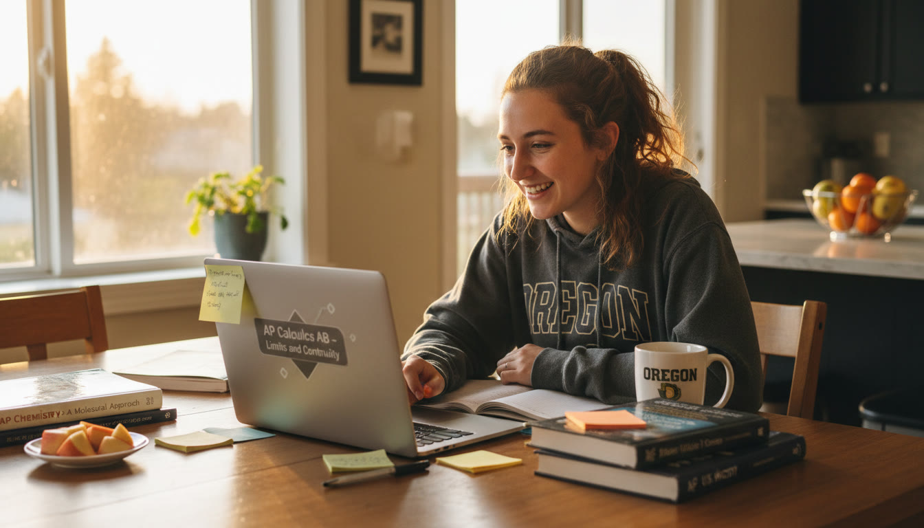 Photo Idea : A bright, candid photo of an Oregon high-school student studying at a sunny kitchen table with an open laptop, AP textbooks, and sticky notes—captures focused, comfortable study at home.