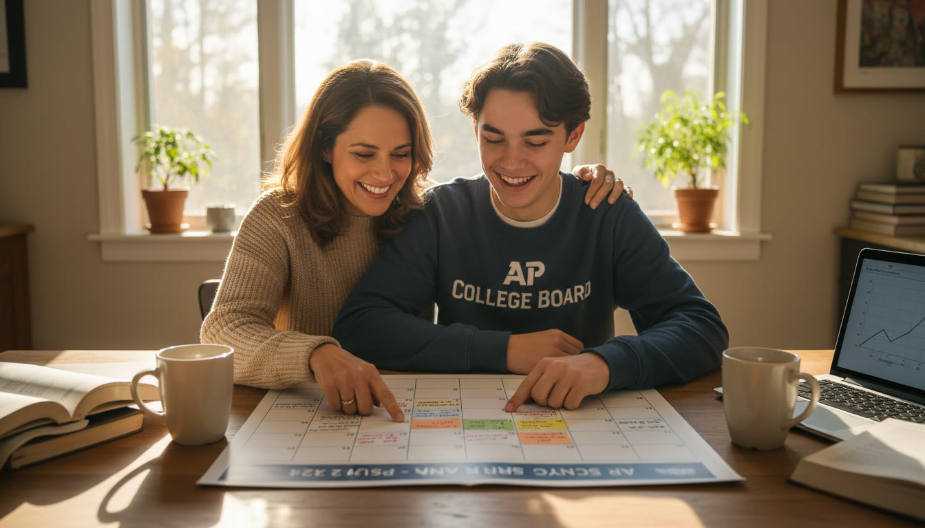 Photo Idea : A parent and teen at a kitchen table with a shared calendar, both smiling and pointing to a study plan—warm morning light, natural setting, conveys collaboration not control.
