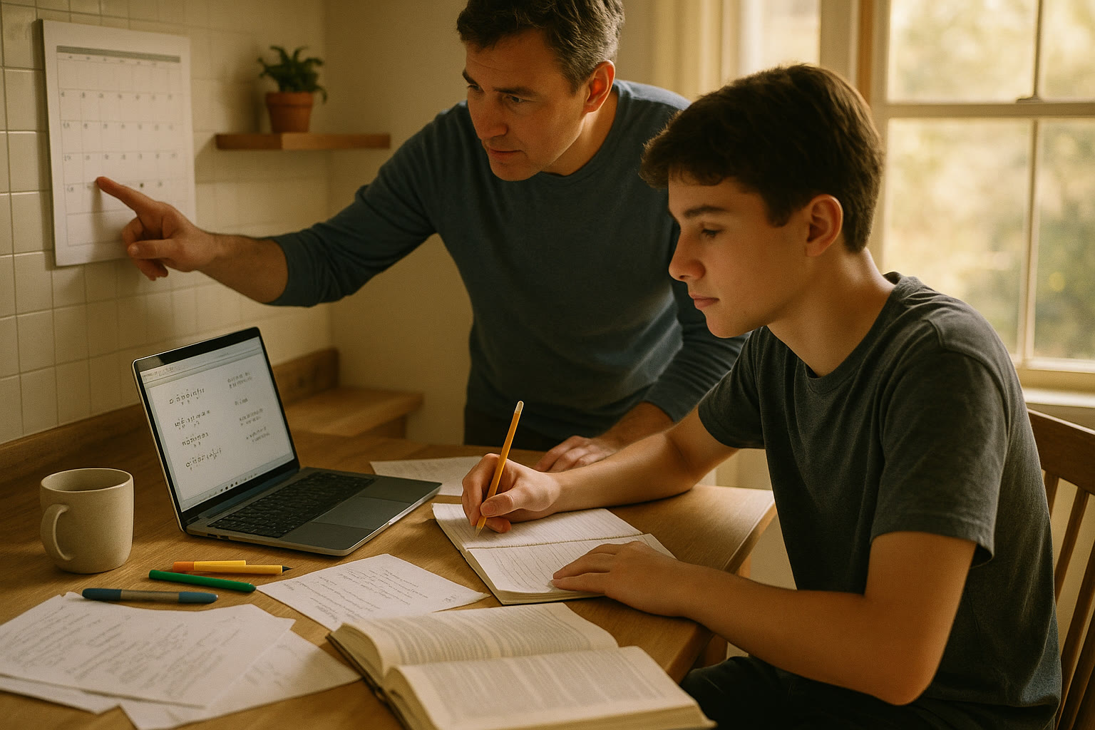 Photo Idea : A teen working at a kitchen table with notes, a laptop open to practice problems, and a parent beside them pointing at a calendar — natural, home-study scene highlighting family teamwork.