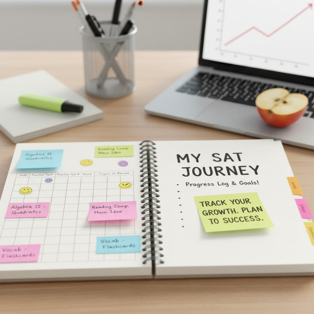 Notebook open with practice logs and sticky notes — idea: illustrate the value of tracking progress and targeted study plans over flashy score posts.