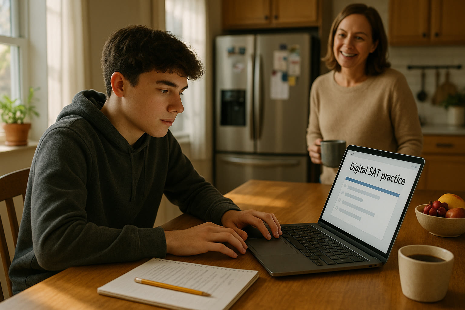 Photo Idea : A focused teenager taking a practice Digital SAT on a laptop at a kitchen table, with a parent looking on supportively from the background.