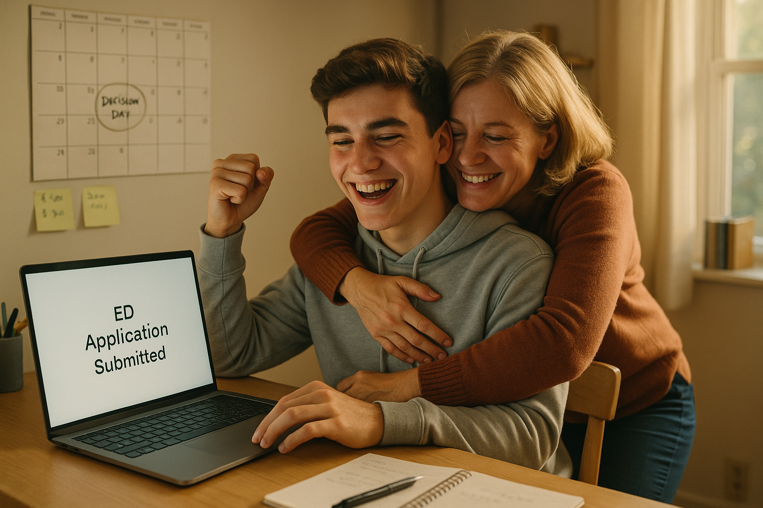 Photo Idea : A confident high-school senior at a desk celebrating after hitting submit on an ED application, with a parent hugging in the background and a visible calendar marking decision dates.