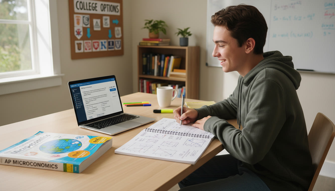 Photo Idea : A bright, student-focused scene of a high school student at a desk. On the desk: an open AP textbook, a laptop showing a practice Digital SAT interface, and a notebook with economics graphs. The atmosphere should feel energetic and focused, suggesting active study and choice.