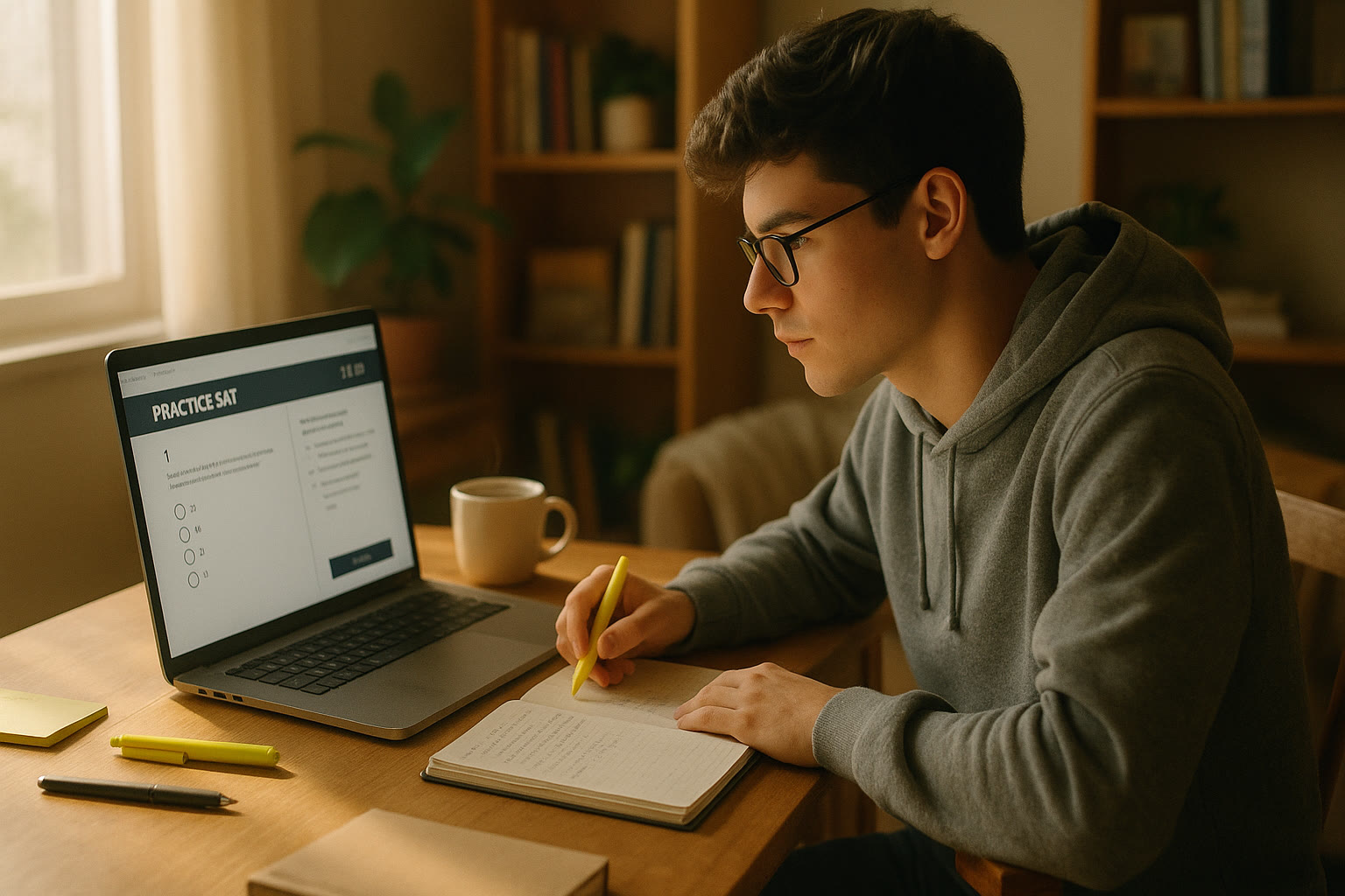 Photo Idea : A focused student at a cozy desk, laptop open to a digital practice SAT, highlighter and notebook nearby — morning light and a cup of coffee/tea in frame.