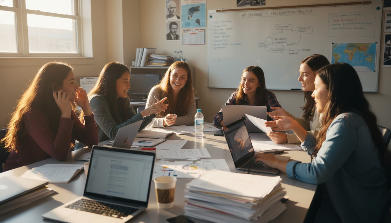 Photo Idea : A sunlit high school classroom where a small group of students debate with laptops and printouts spread across the table — perfect for illustrating the collaborative energy of AP Seminar.