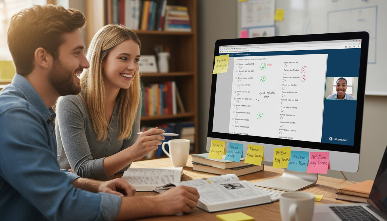 Photo Idea : A student and tutor (virtual or in-person) reviewing a full-length practice test together — screen with annotated answers, sticky notes with action items, warm collaborative vibe.