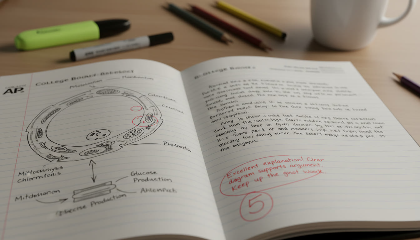 Photo Idea : A close-up of a scored AP free-response booklet page showing a clearly annotated diagram (with neat labels and arrows) alongside a grader’s positive comment—subtle, authentic, and study-oriented.