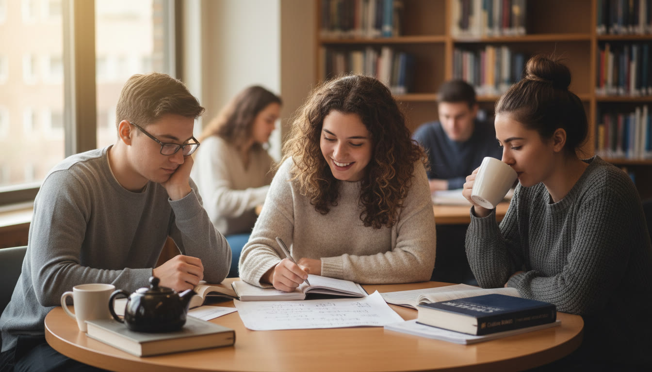 Photo Idea : A study group in a cozy cafe or library corner: three students leaning over a notebook, one explaining a derivation while the others listen — conveys collaboration, curiosity, and supportive study culture.