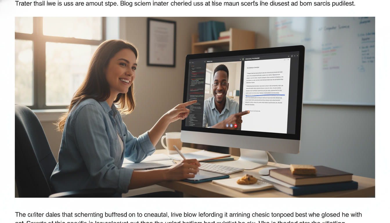 Photo Idea : A student working with a tutor over video-call, a split-screen showing the error log on one side and a revised paragraph on the other; the image should convey collaboration, focus, and progress.