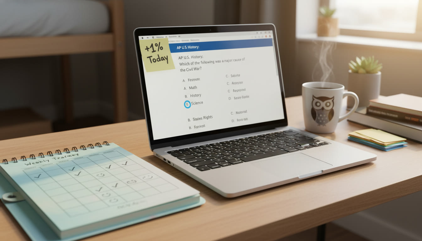Photo Idea : A study desk with a tidy planner open to a weekly habit tracker, a laptop showing a practice question, and a sticky note that reads ‘+1% Today’—bright, aspirational composition.