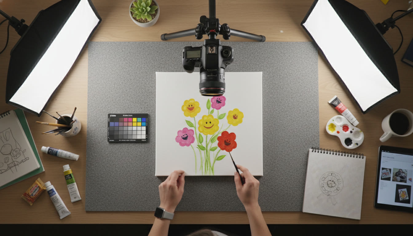 Photo Idea : Overhead view of a student’s workspace photographing a canvas on a neutral gray board with two softbox lights at 45-degree angles; include camera on tripod and a color checker card next to the artwork.