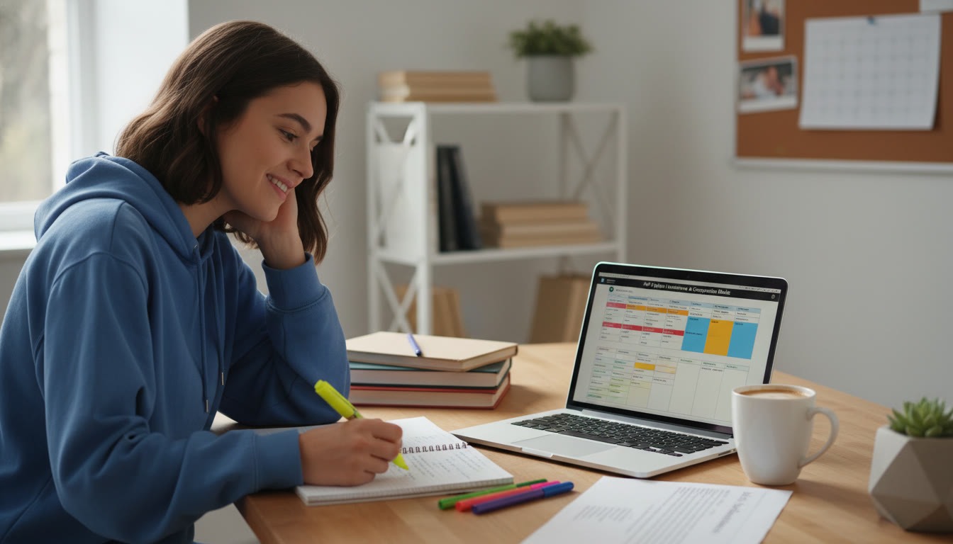 Photo Idea : A student at a desk with a tidy study plan on a laptop and a printed rubric next to a cup of coffee—natural light, relaxed focus, notes and a highlighter visible.