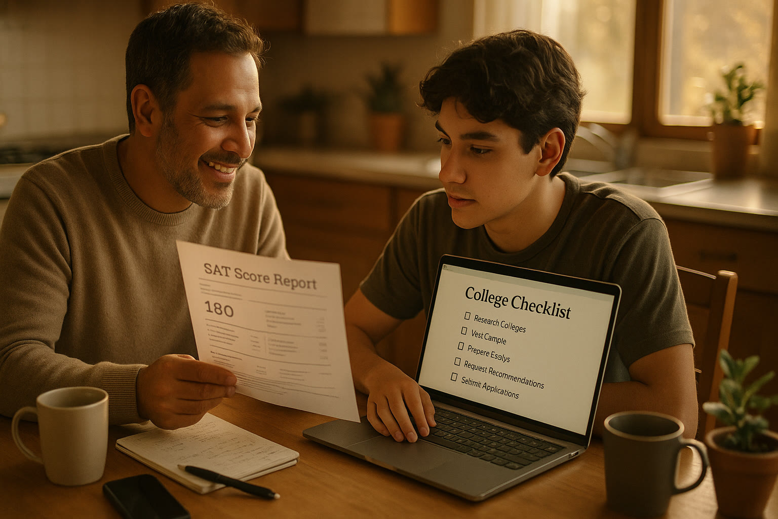 Photo Idea : A warm image of a parent and student reviewing an SAT score report together at the kitchen table, with a laptop showing a college checklist — conveys collaboration and planning.