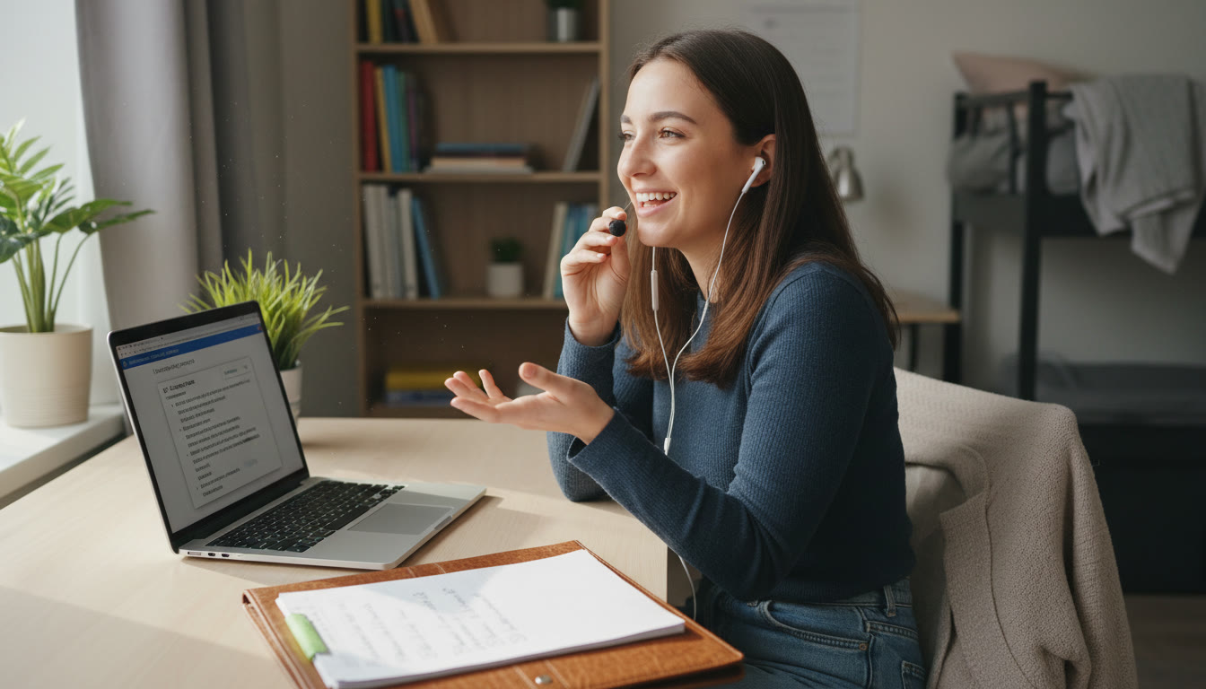 Photo Idea : A student at a desk with a laptop, open portfolio folder, and earbuds practicing an oral AP language prompt — useful near the checklist to visualize action.